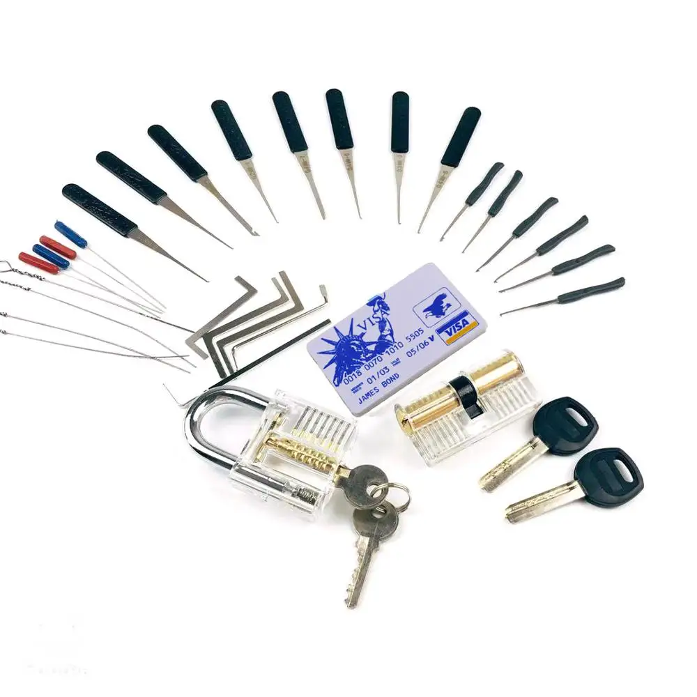 Набор инструментов LockPick, набор инструментов для тренировок, 2 шт. прозрачных замка с 2 шт. инструментов для удаления сломанных ключей, инструменты для мини-карт, натяжные инструменты - изображение
