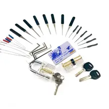 Combinação de ferramentas de prática conjunto lockpick, 2 pces fechaduras transparentes com 22 pces chave quebrada remover ferramenta, mini ferramentas de cartão, ferramentas de tensão