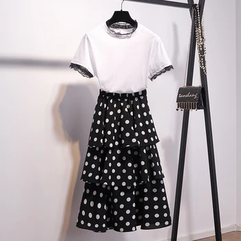 

2020 Summer Women Two Piece Set Casual O-neck Lace T-shirt Tops + Skirt Dot Cake Skirt Elastic Waist Mid-Calf 2 Piece Set