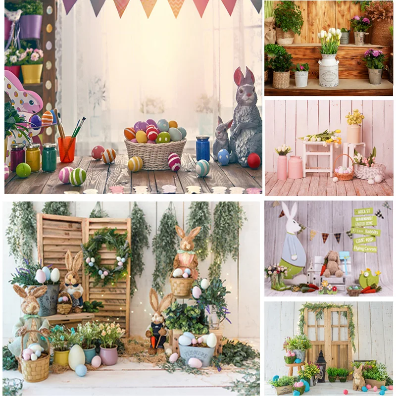 

SHENGYONGBAO Spring Easter Photography Backdrop Rabbit Flowers Eggs Wood Board Photo Background Studio Props FH-02