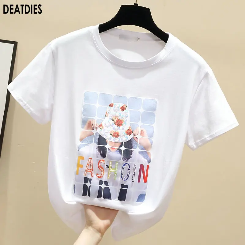 

Fashion Print White Plus Size Beading Womens T-Shirt Female Tee Casual T Shirt Woman Black Kawaii T-shirts Clothing New 2020