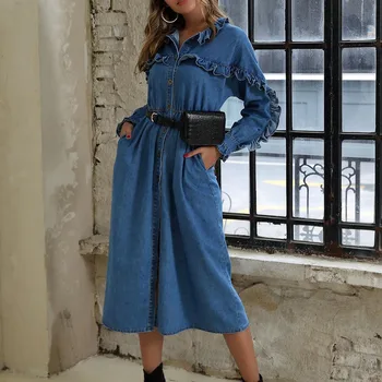

Spring Women Long Sleeve Single-Breasted Mid-Calf Denim Dress Split Stringy Selvedge A-Line Blue Casual OL Dresses Vestidos