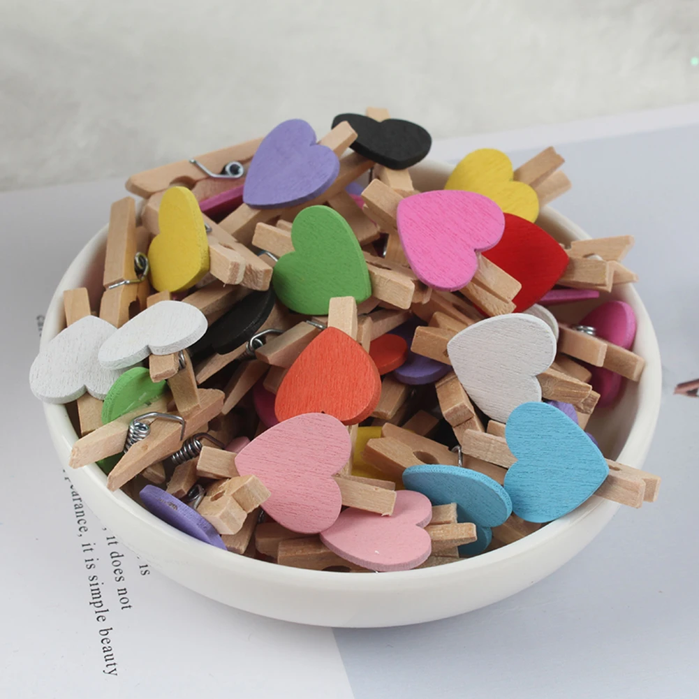 50Pcs Heart Wooden Clothespin Photo Paper Peg Pin Craft Postcard Clip Home Decor