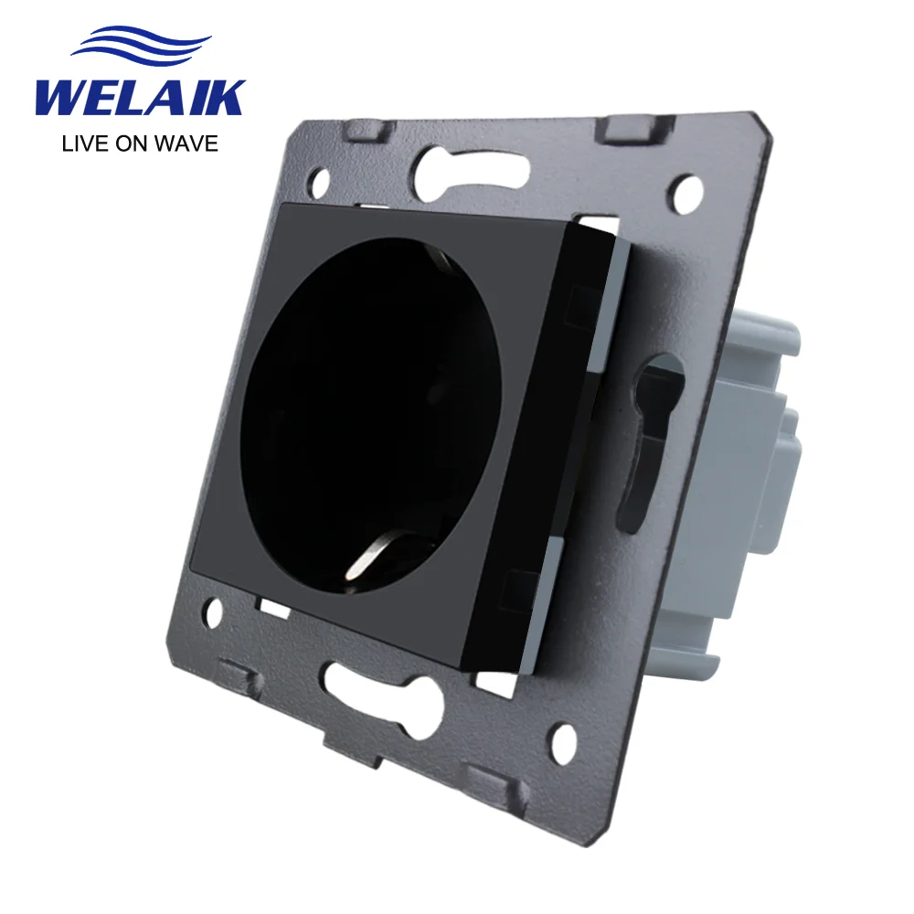 WELAIK EU European Standard  Russia Germany Safety 45*45mm Glass Panel Wall Power Socket Outlet DIY Parts Module 220V 16A A8EB