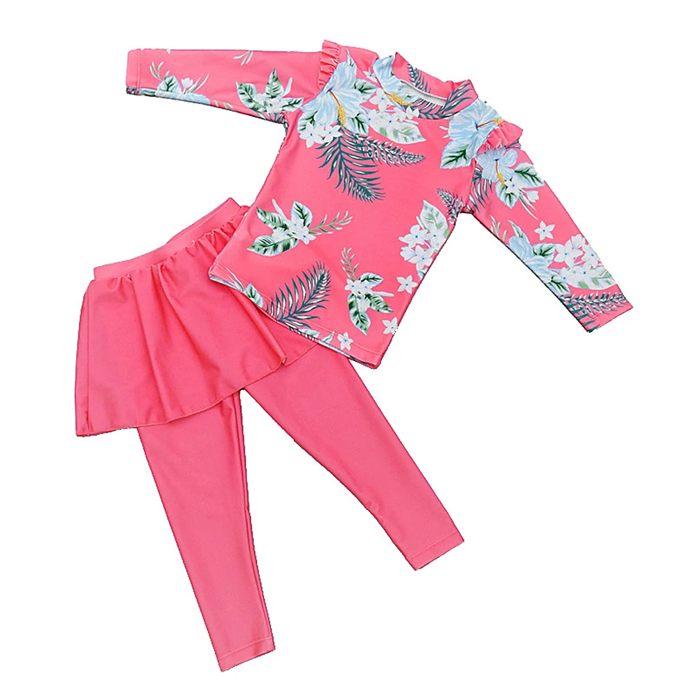 Girls Swimsuit Two Pieces Suit Children Long Sleeve Sunscreen Quick Drying Swimwear Baby Bathing Suit Cute Flower Print