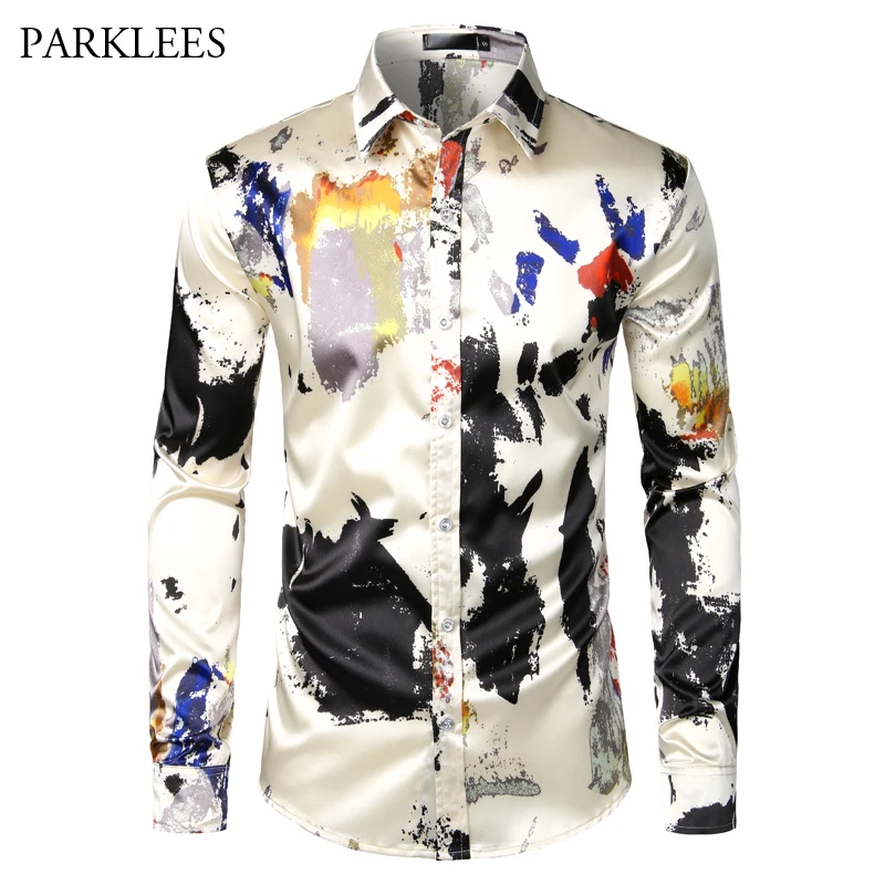 Mens Shirt Long-Sleeve Party Slim-Fit Printed Casual Silk for Masculina Splashing-Ink