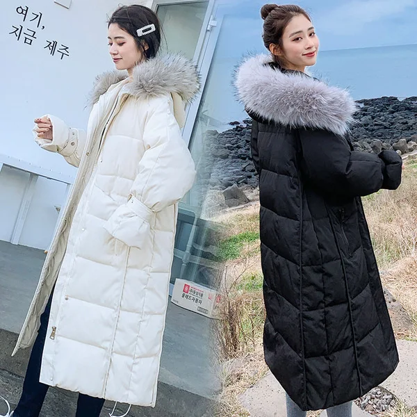 

Winter New Style Korean-style White Large Fur Collar down Jacket Women's Mid-length Cotton-padded Clothes Thick Loose-Fit over-t