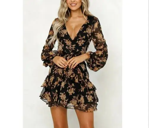 

Top Sell Women's Bohemian Floral Chiffon Dress Summer Party Night Beach V-neck Low-cut Short Sexy Mini Dress Beach Dress