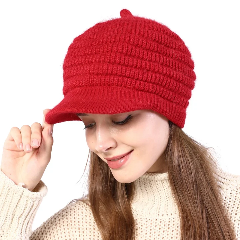 Зимние вязаные козырьки, одноцветная шапочка, мягкая теплая шапка из кроличьего меха для женщин, новинка