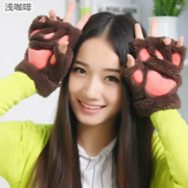 Winter Women Paw Gloves Fingerless Fluffy Bear Cat Plush Warm Ladies Half Covere