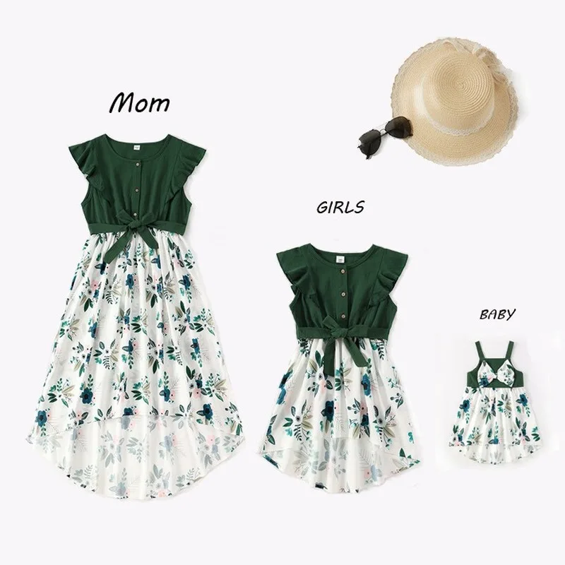 Matching Dresses Outfits Daughter Baby Mom Green Summer Family And Floral Print