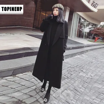 

2019 Fall Winter Women Casual Long Loose Woolen Coat Turn-Down Collar Black Long Sleeve Soft Female Classic Warm Outwear Coats
