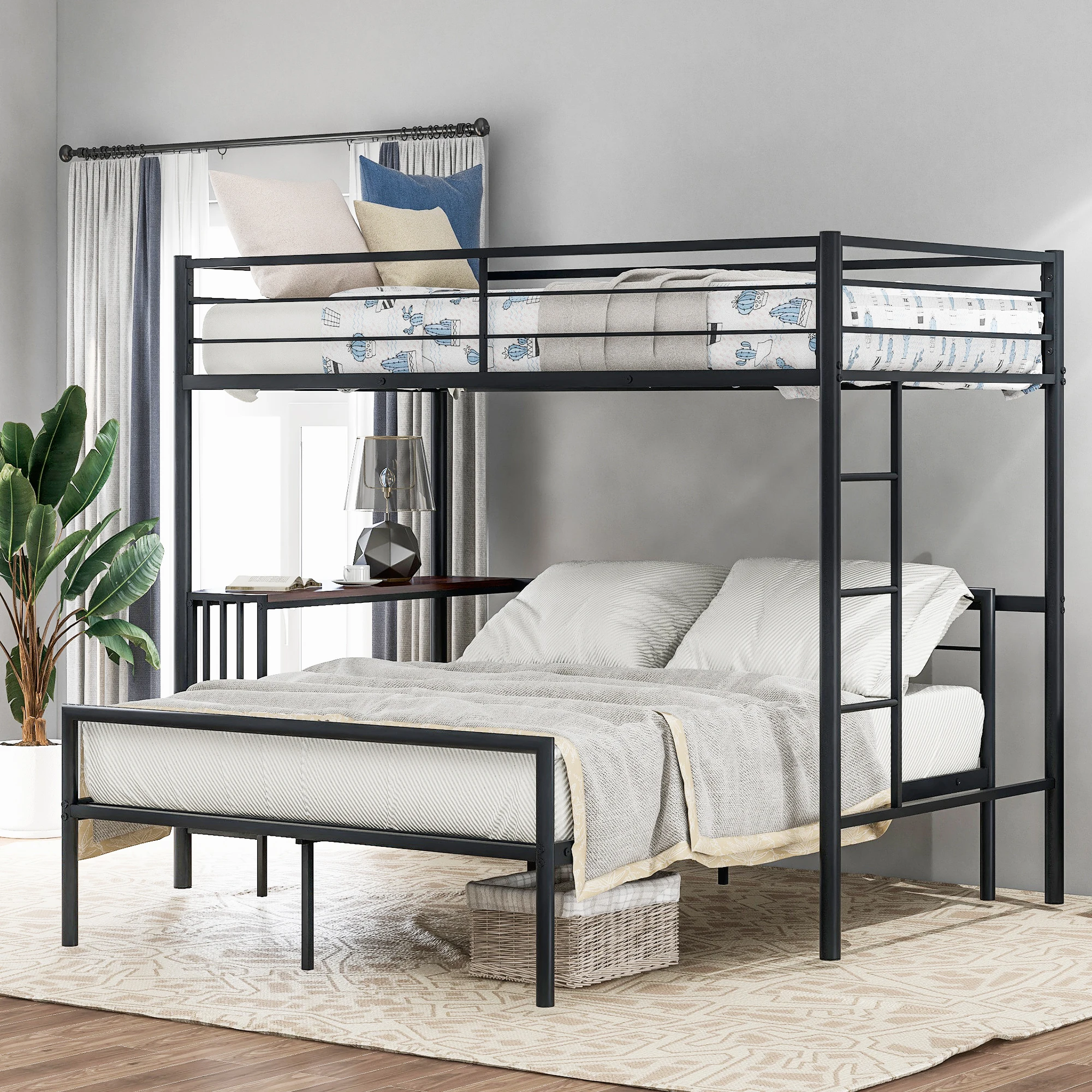

Twin Over Full Metal Bunk Bed with Desk, Ladder and Quality Slats for Bedroom, Metallic