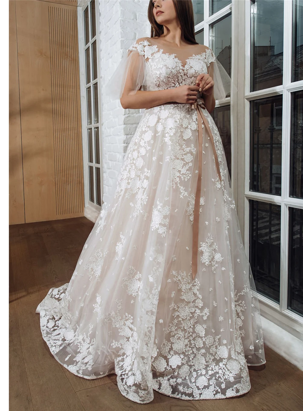 ivory Романтические цветы аппликации цвета слоновой кости Vestido De Novia o-образным вырезом кепки рукава Иллюзия лента с бантом кружева свадебные платья - Цвет: ivory