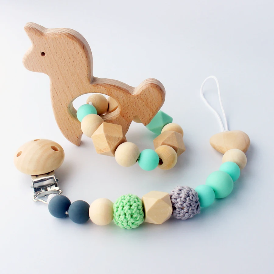 

2pcs/set Baby Pacifier Clips + Baby Teethers Wood Silicone Speenkoord Infant Dummy Holder Pacifier Leash Cadena Chupete BPA Free