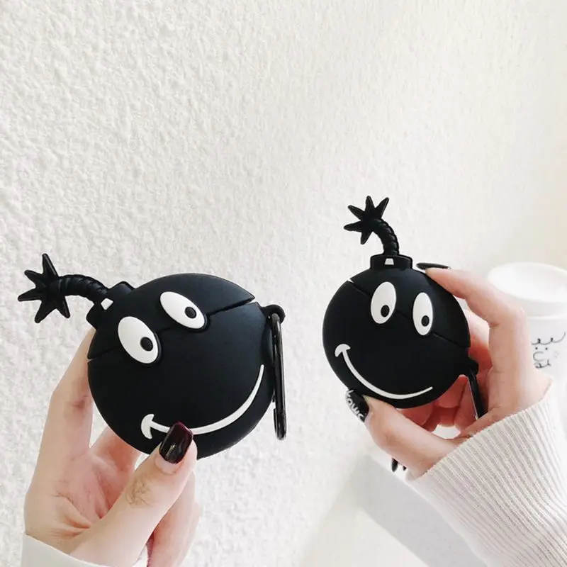 Smily Face Bomb Pattern Soft Silicone Protective Case  Skin Protector with Carabiner for Airpods 1/2 Charging Box Accessories