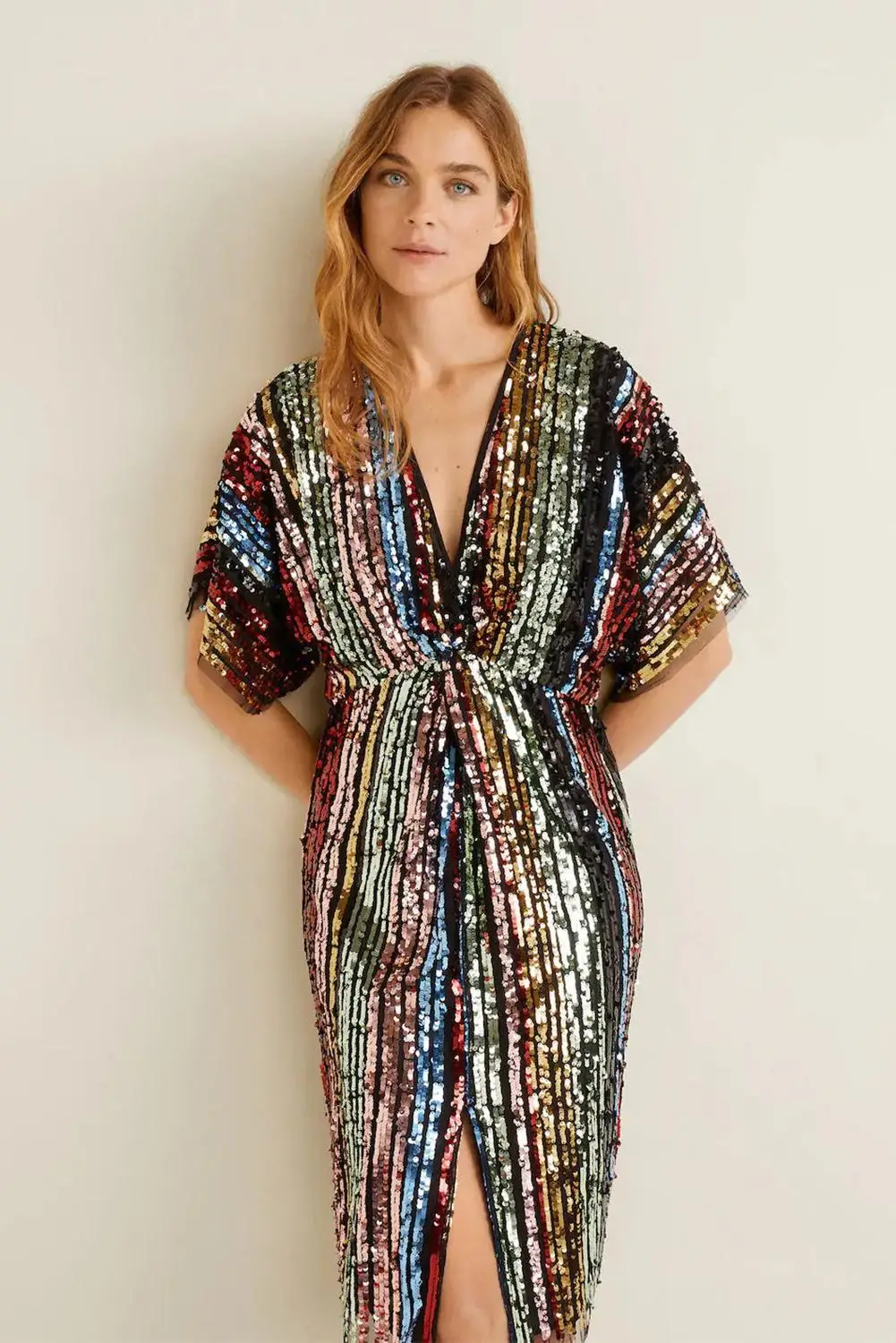 Multicolor Sequin Sexy Deep V Neck Tunic Dress Women Half Sleeve Split Knee Length Party Night Club Color Block Dresses S-XL