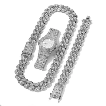 

New Necklace +watch+bracelet Hip Hop Miami Curb Cuban Chain Gold Color Iced Out Rhinestones Cz Bling Rapper For Menjewelry