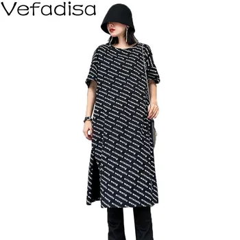 

Vefadisa Letter Print T Shirt Dress Side Split Women Dress 2020 Summer Covered Button Short Sleeve T Shirt Dress Black QYF1996