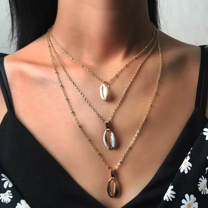 

Three Layers Shell Pendant Necklace Natural Shell Gold Silver Cowrie Women Best Friend Cowry Seashell Necklace Bohemian Jewelry