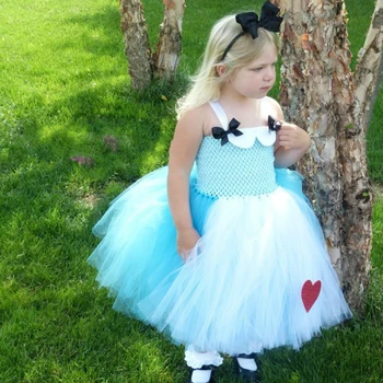 

Girls Blue White Alice Princess Tutu Dress Kids Fluffy Crochet Tulle Dress Ball Gown with Hairbow Children Wedding Party Dress