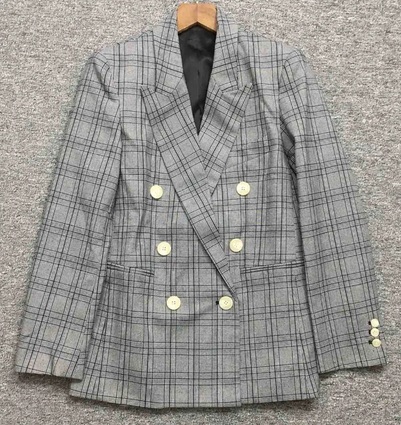 

Grey Checked Wool Blazer Double Breasted WELT Chest pockets Sides Flap Pockets Long SLeeves Coat Woman
