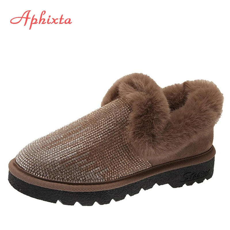 Aphixta-zapatos planos con cristales para Mujer, mocasines peludos de lujo, a la moda, de tacón plano, cálidos, para invierno, 2020