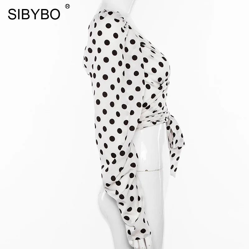 SIBYBO футболка с длинным рукавом в горошек, женская модная Бандаж с v-образным вырезом, тонкие сексуальные женские топы, Уличная Повседневная женская футболка, Топ