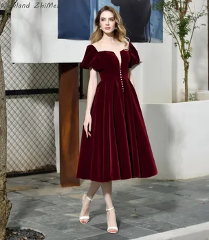 

Newland ZhiMei Burgundy Cocktail Dress Mid-Calf Short Sleeves Sheer O Neck vestidos de coctel Vintage Velvet Semi Formal Dress