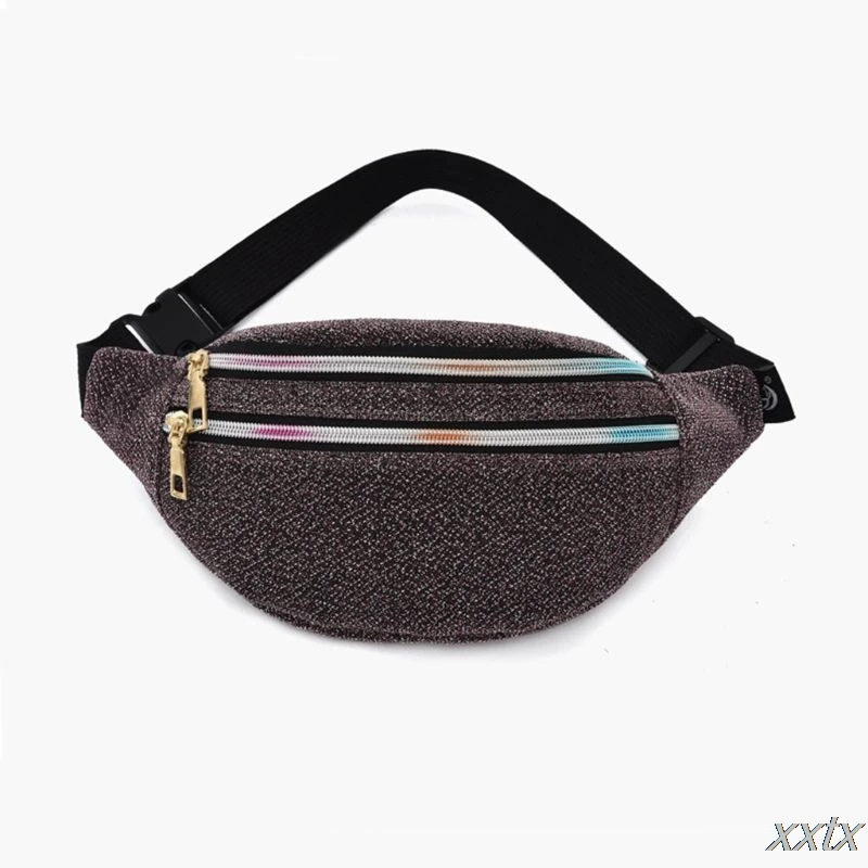 

30x8x14cm Unisex Double Zipper Waist Bag Shiny Gold Gauze Pocket Purse Travel Chest Bag Molor Color