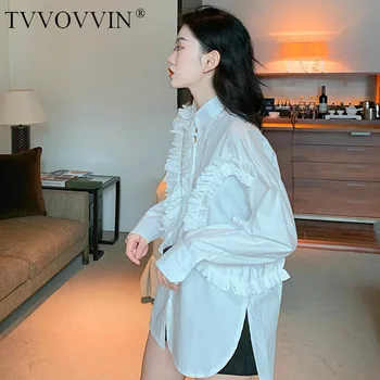 

Korea Women Shirt Ruffles Cotton White Woman Blouses Shirts Asymmetry Long Sleeve Cotton White Blouse Casual Loose Shirts YNJB