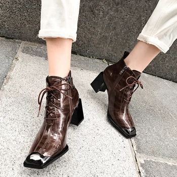 

INS hot women ankle boots 22-24.5cm Patent leather front Spring and autumn hot Metal square head women boots Lace-up booties
