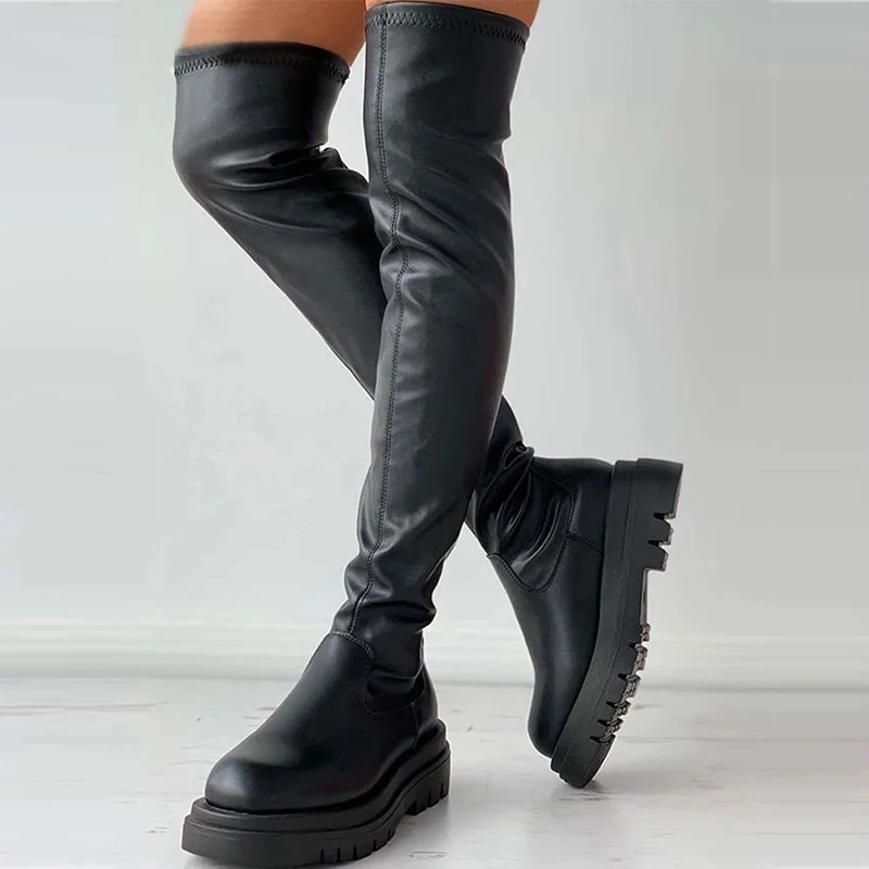 Punk Style Women Boots Big Size 35-43 Sexy Over The Knee Boots Ladies Winter Shoes Platform Mid Heel Thigh High Black Women High Heel Boots