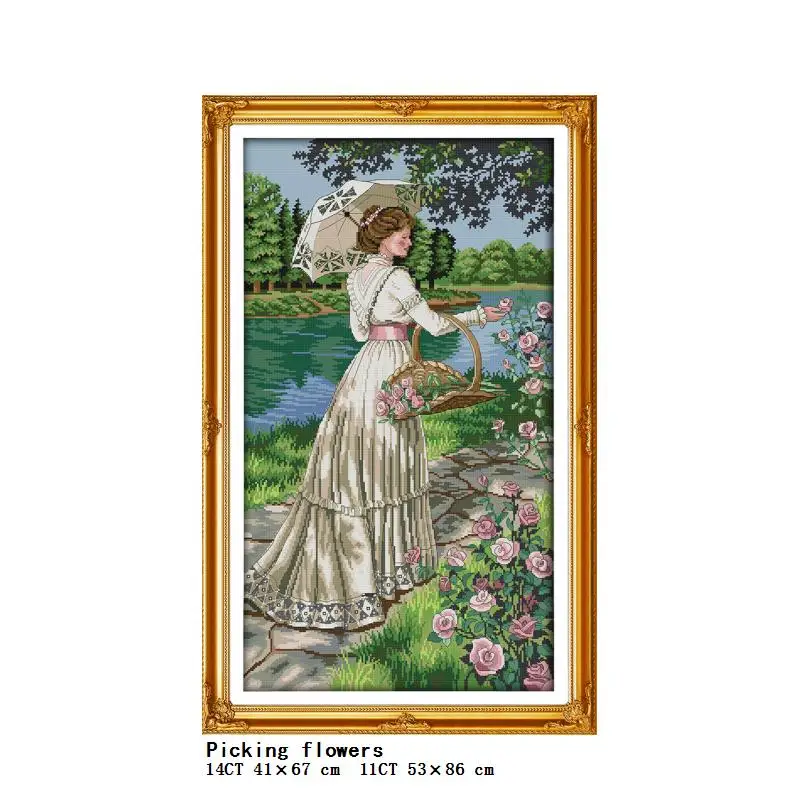 Garden picking the flower and smelling flower girl series count and stamping cross stitch 14CT11CT embroidery kit needlework kit cross stitch kit peony embroidery kit