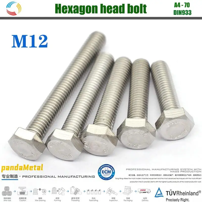 

SUS316 stainless steel hexagonal head bolt German industrial standard DIN933 external hexagon screw diameter M12 metric thread