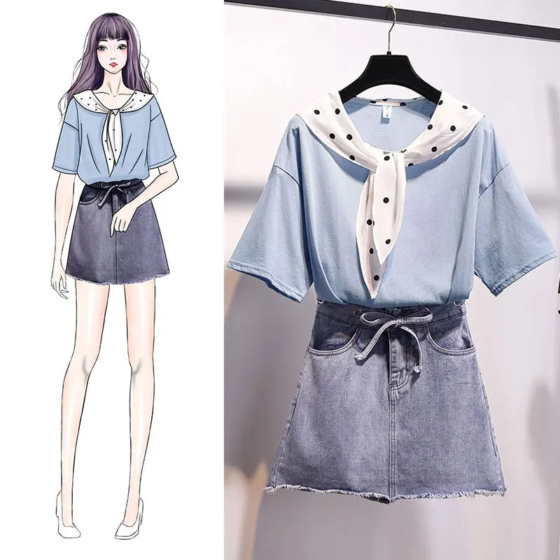 

Two-Piece Women's 2019 Korean-style Students Loose Polka Dot Neckerchief Joint Short Sleeve T-shirt Denim Skirt Set