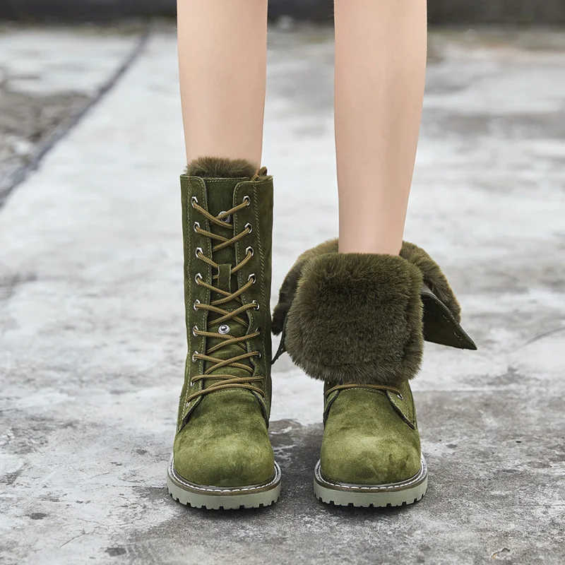 ZSAUAN/женские зимние ботинки; модные женские ботинки из натуральной кожи с круглым носком; женские теплые ботинки с высоким берцем - Цвет: Green