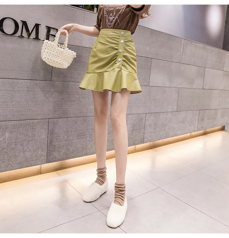 Уличная ruched ruffles Русалка Мини Женская юбка осень высокая талия пуговицы из искусственной кожи юбки женские сексуальные листья лотоса jupe saias