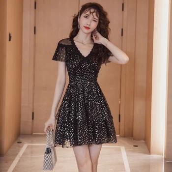 

Fashion women comfortable elegant work style perspective dress new arrival slim shining vintage black party mini a-line dress