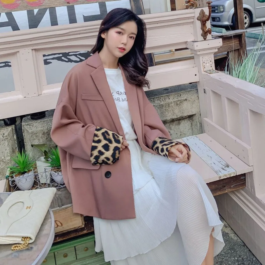

Photo Shoot CHIC Korean-style Leopord Pattern Joint fan bian xiu Solid Color Small Suit Female Spring Ol Double Breasted Short V