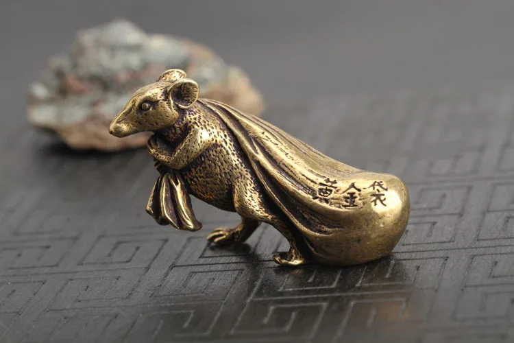 Copper Mouse Gold Money Bag Desk Ornaments Chinese Style Brass Animal Rat Miniatures Figurines Decorations Home Decor Crafts