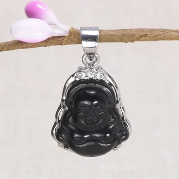 

Natural Black Obsidian Maitreya Buddha Pendant For Women 925 Sterling Silver Buddhist Amulet Pendant Jewelry