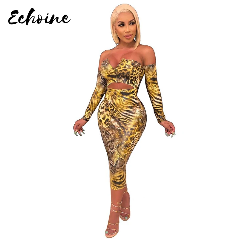 Echoine Autumn Leopard Print Zipper Up Off Shoulder Top Mid Calf Skirt Suit Two Piece Set Tracksuit Night Club Party Outfit XXL |