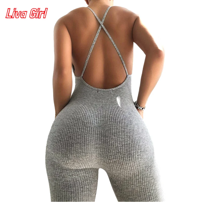 

Ribbed Women's Jumpsuit Sexy Bodycon Backless Summer Jumpsuit Deep V neck Elastic Bodysuit Straps Skinny Sleeveless Bodysuits