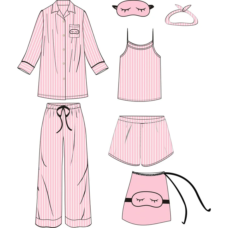 

7 Pieces Spring Autumn Women Silk Pajamas Sets Pyjamas Satin Sleepwear Pijama Nightsuit Female Sleep Lounge Loungewear