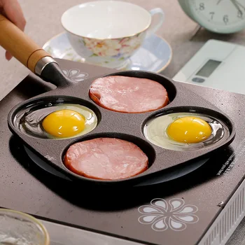 

Cooking Frying Pan With Porosity Cookware Pancake Pot Uncoated Non Stick Four Hole Egg Mold Long Handle Flat Design Cast Iron