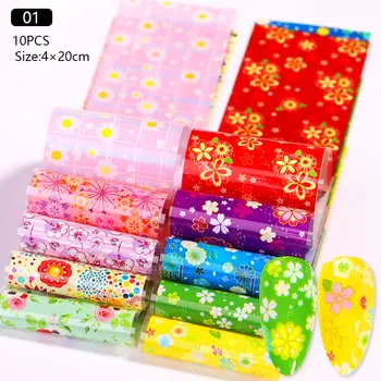 

10 Sheets Nails Foils Stickers Colorful Tropical Flowers Leaves Summer Beach Style Nail Transfer Decal Sticker DIY Adhesive Tips