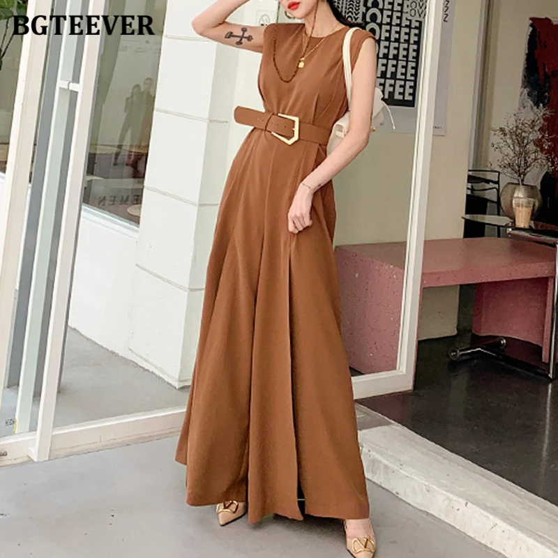 BGTEEVER Summer O-neck Sleeveless Belted Office Ladies Playsuit Wide Leg Split Elegant Loose Women Jumpsuit 2020 Romper Overalls BGTEEVER Summer O-neck Sleeveless Belted Office Ladies Playsuit Wide Leg Split Elegant Loose Women Jumpsuit 2020 Romper Overalls