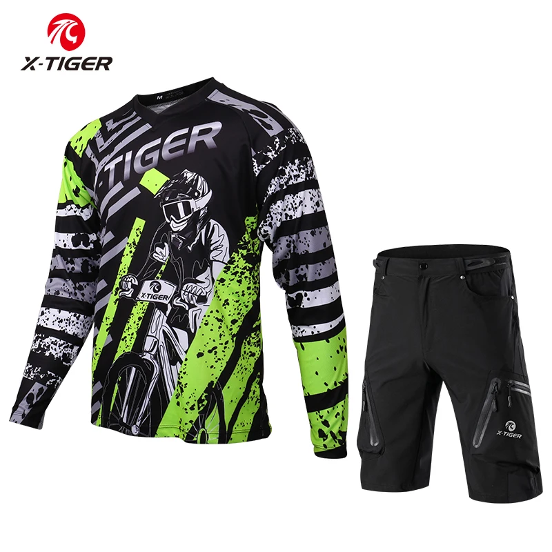 X-Tiger, с длинным рукавом, для велоспорта, Джерси для мужчин, для горного велосипеда, для спуска, набор, быстросохнущие, для велоспорта, для спуска, шорты, для мотогонок - Цвет: As picture