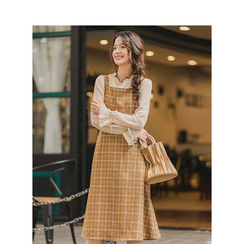 Kopen Inman Winter Literaire Retro Vierkante Hals Koffie Plaid Vetersluiting Mouwloze Vrouwen Jurk